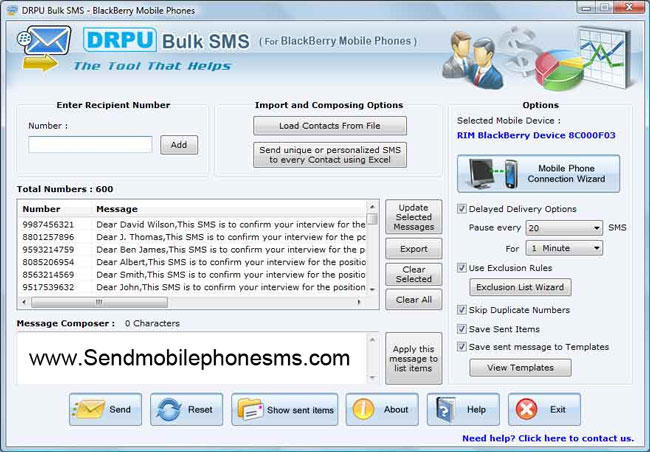 Blackberry SMS Software screenshot