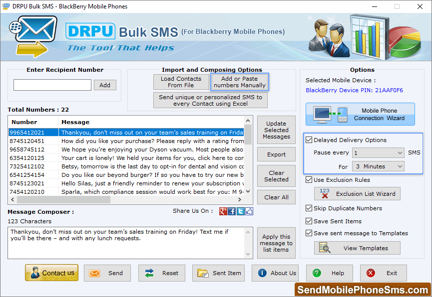 Bulk SMS Software for BlackBerry Add or Paste numbers Manually