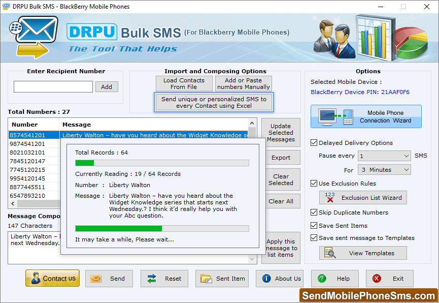 Bulk SMS Software for BlackBerry message sending process