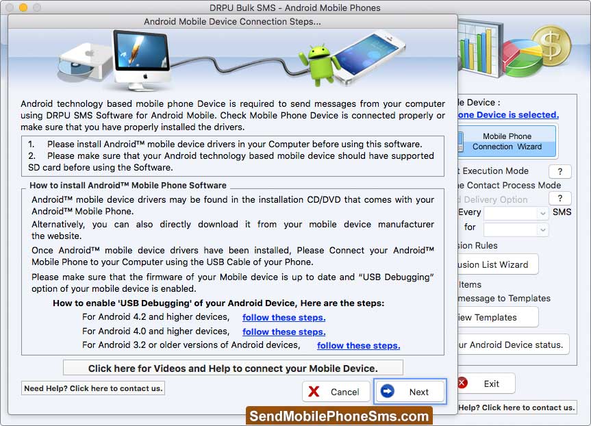Connection Setup Mac Bulk SMS Software for Android Phones connection steps