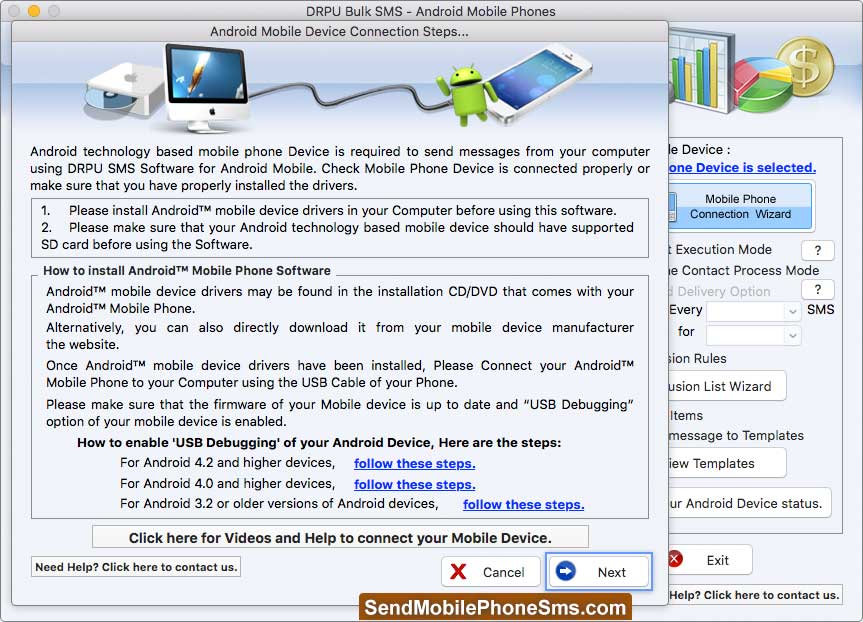Mac Bulk SMS Software for Android Phones connection steps