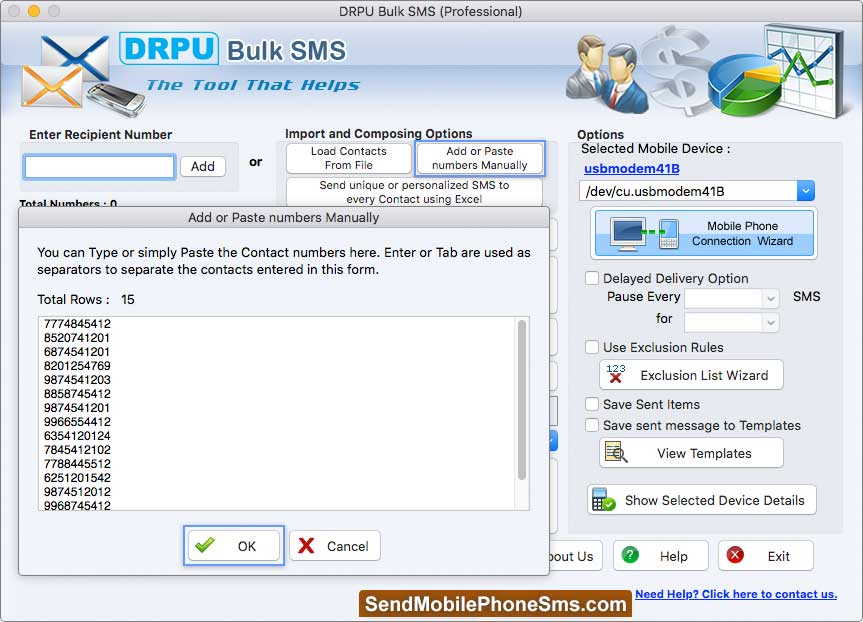 Add or Paste numbers Manually MAC Bulk SMS Software - Professional