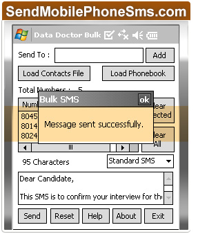 Wizard displays confirmation of message sent successfully. Bulk SMS Software for Pocket PC